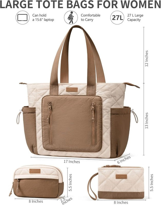 Women’s Puffer Tote Bag Lightweight Quilted Shoulder Handbag Work Laptop Khaki1
