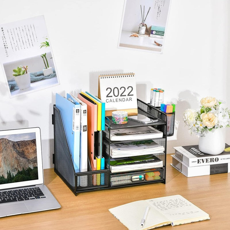 5-Tier Desk Organizer with Drawer & Pen Holders - Black Mesh Storage Solution2