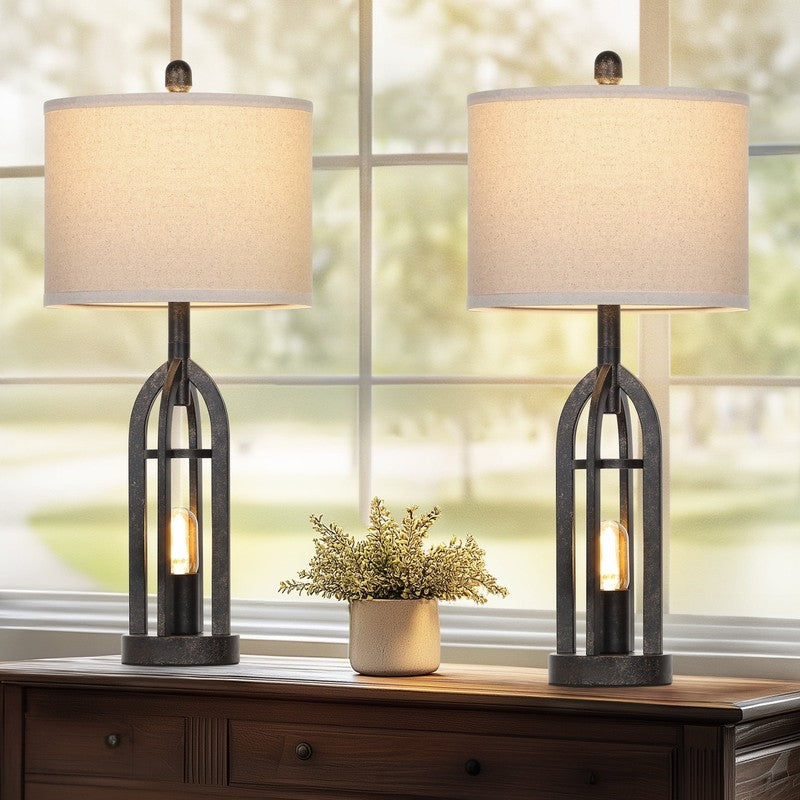 Set of 2 Industrial Table Lamps USB A+C Ports AC Outlet 3 Way Touch Dimmable Gol1