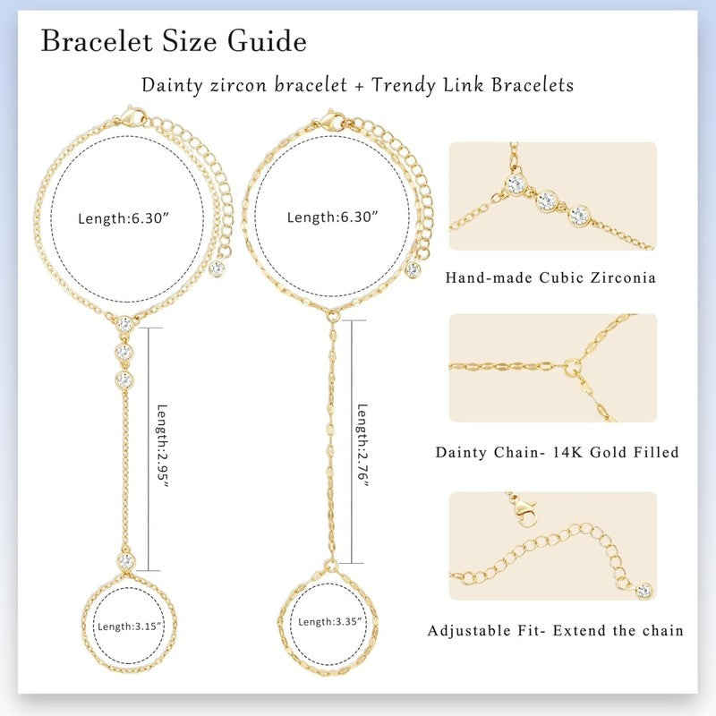 14K Gold Plated CZ Link Hand Chain Bracelet Set, 2 Pcs Jewelry for Women5