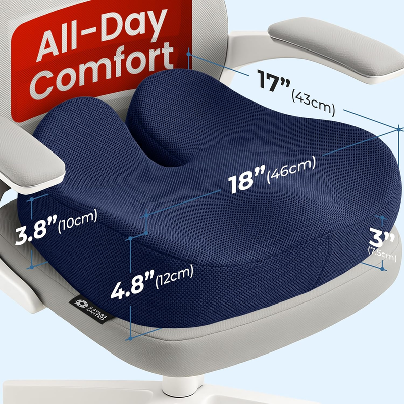 Seat Cushion - Memory Foam Chair Cushion for Tailbone Pain Relief - Ergonomic Su1