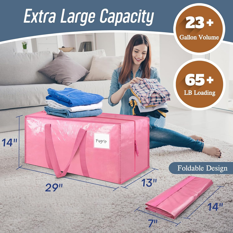 6 Pack Heavy Duty Moving Bags Large Storage Totes Strong Zipper Pink2