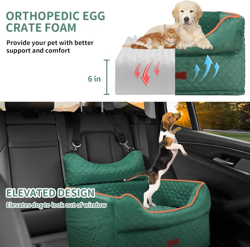 Dog Car Seat Memory Foam Small Dogs up to 25lbs w/ Pockets & Seat Belt Green1