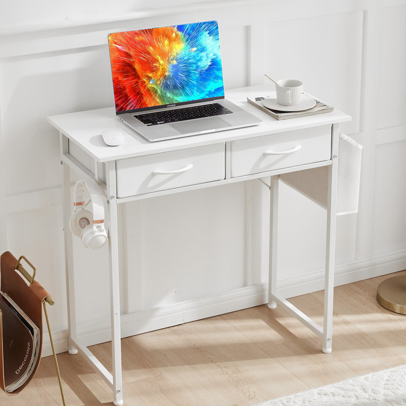 32" Small Desk w/ Fabric Drawers & Storage Bag Vanity/Computer Desk White8