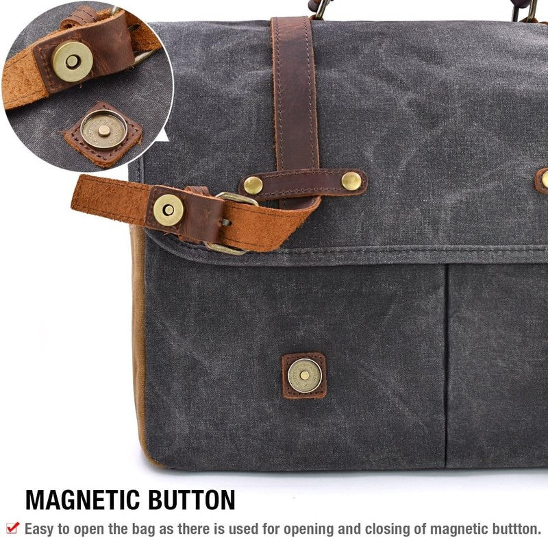 Men's 15.6" Waterproof Leather Canvas Laptop Messenger Bag Grey Satchel7