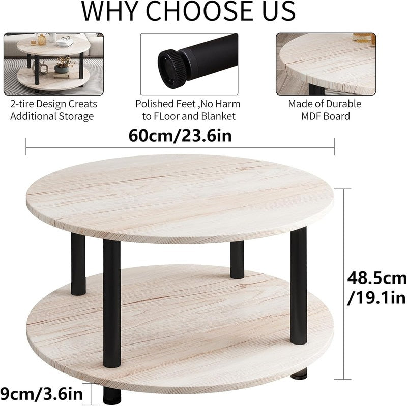 Round 2 Tier Coffee Table with Storage 23.6" Metal Frame, Oak4