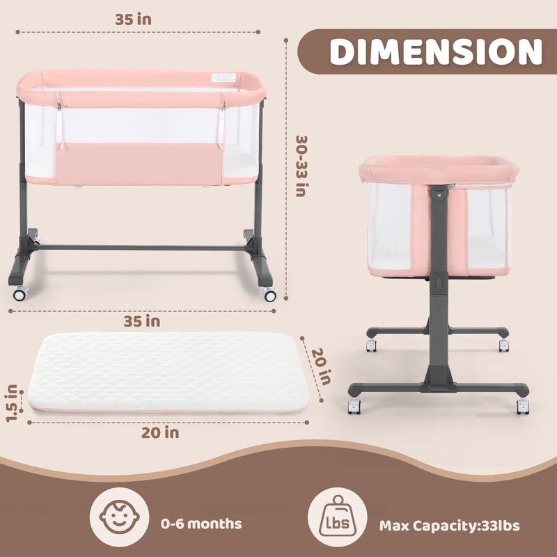 Baby Bassinet with Wheels Pink Height Adjustable Bedside Sleeper for Newborns9