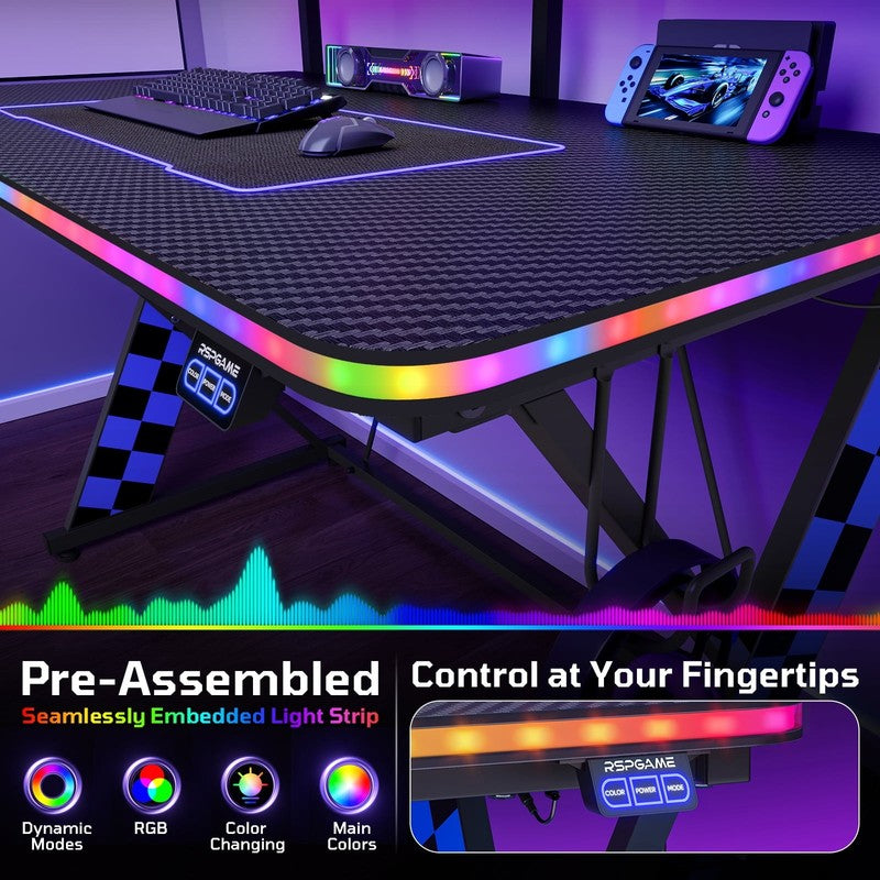 43" X-Shaped Gaming Desk with Music Sync LED, Monitor Stand Black Racing4