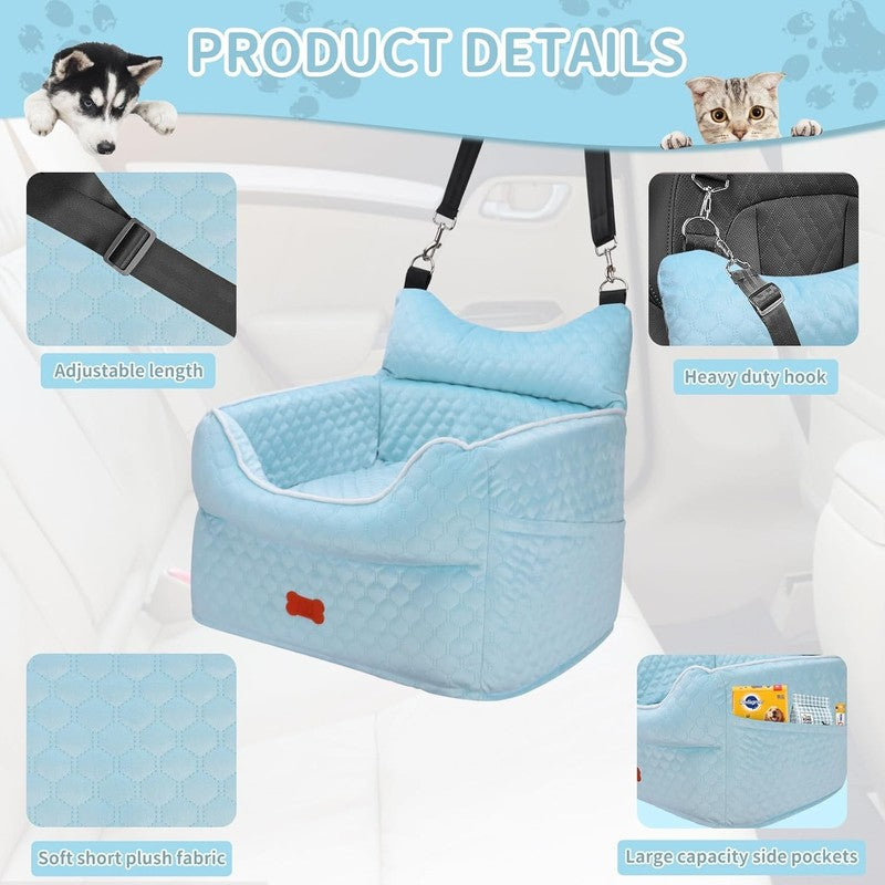 Dog Car Seat Memory Foam Small Dogs up to 25lbs w/ Pockets & Seat Belt Blue3