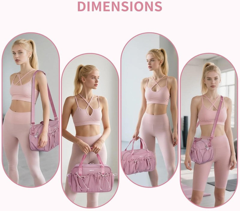 Small Gym Bag Women Mini Duffle Wet Compartment Bowknot Yoga Tote Pink6