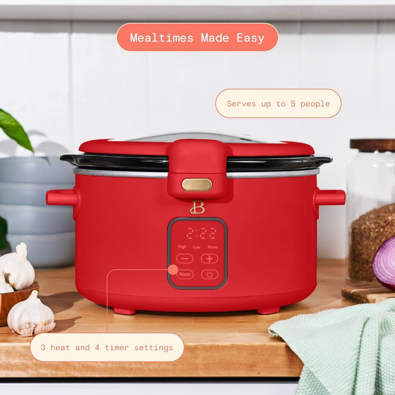 4 Qt Digital Slow Cooker with Hinged Locking Lid, Tomato Red by Drew Barrymore1