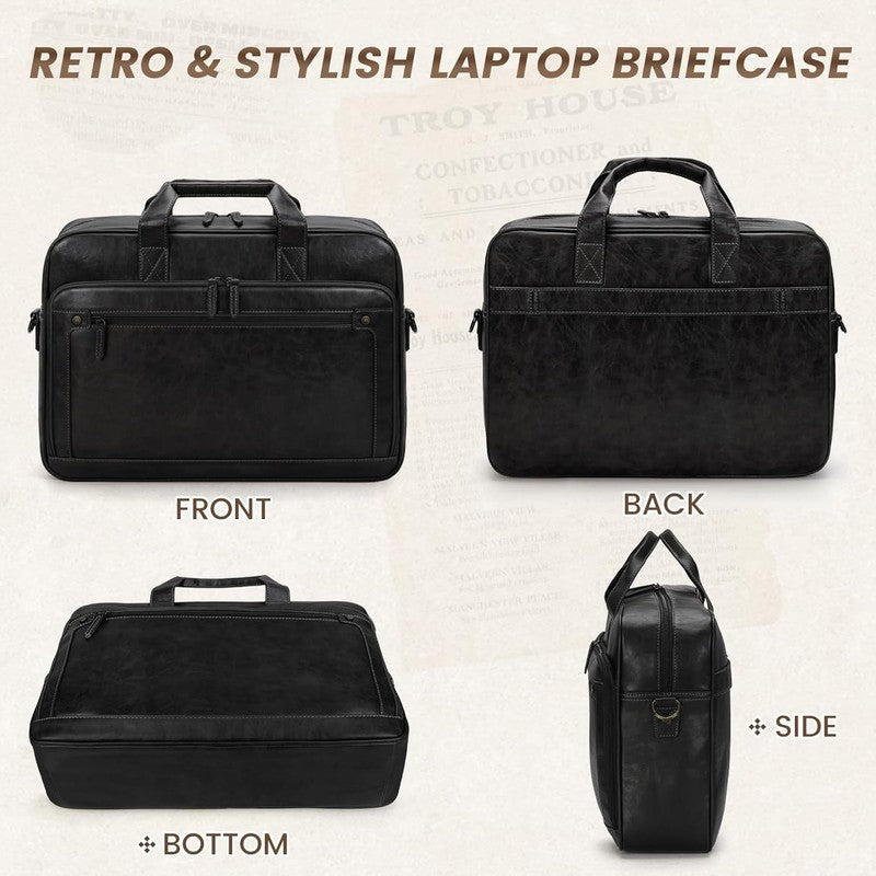 Mens Laptop Bag 16in Leather Briefcase Vintage Messenger Shoulder Work Black6