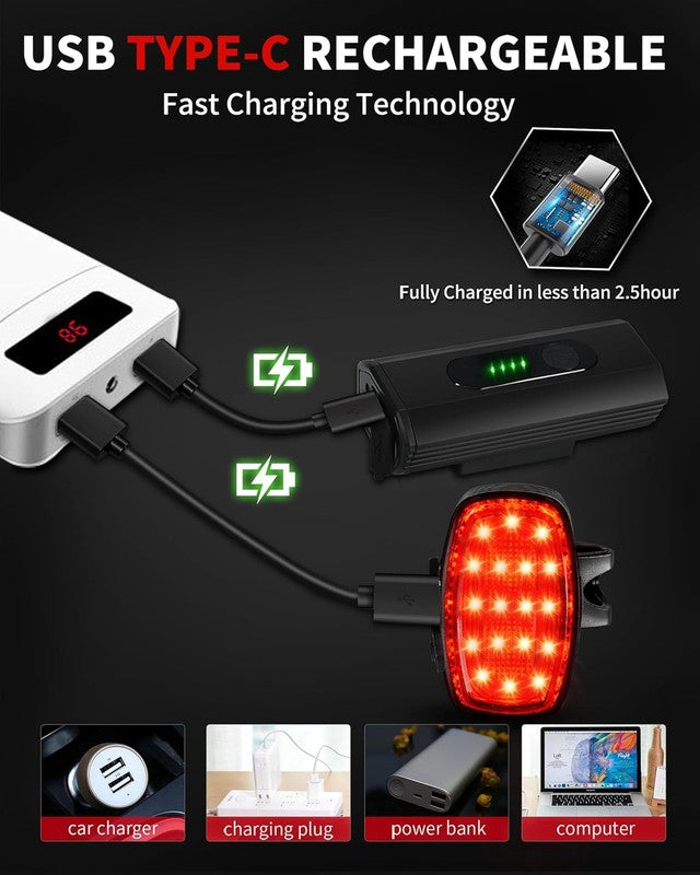 4000LM USB-C Rechargeable Bike Headlight & Rear Light Set 6+5 Modes Waterproof4