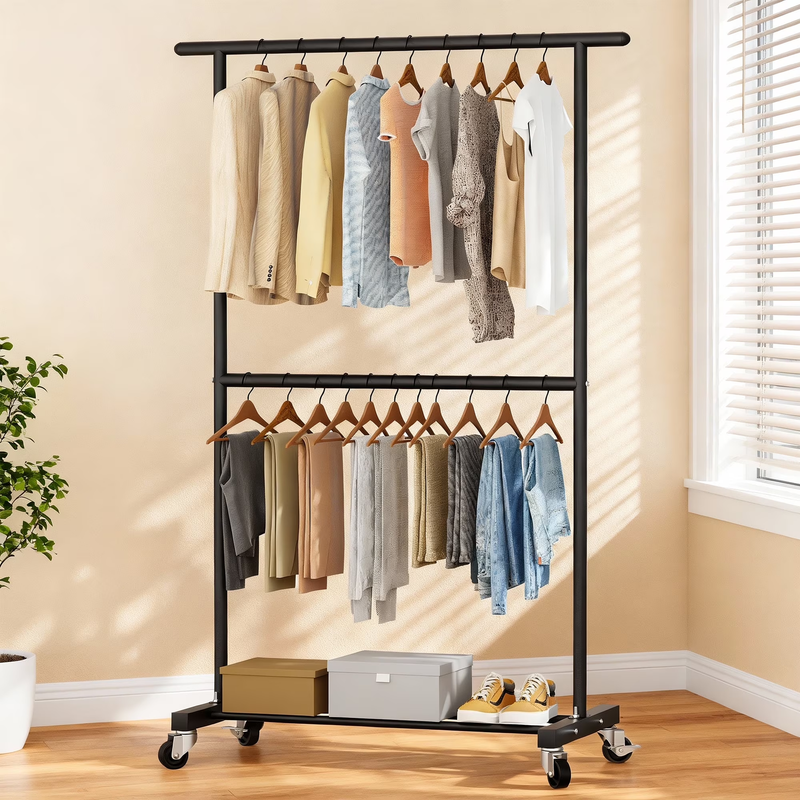 Freestanding Clothes Rack with Wheels Metal Clothing Rack with Shelves9