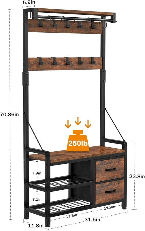 Hall Tree Entryway Bench with Coat Rack & Storage 5-in-1 Rustic Brown 31.5"4