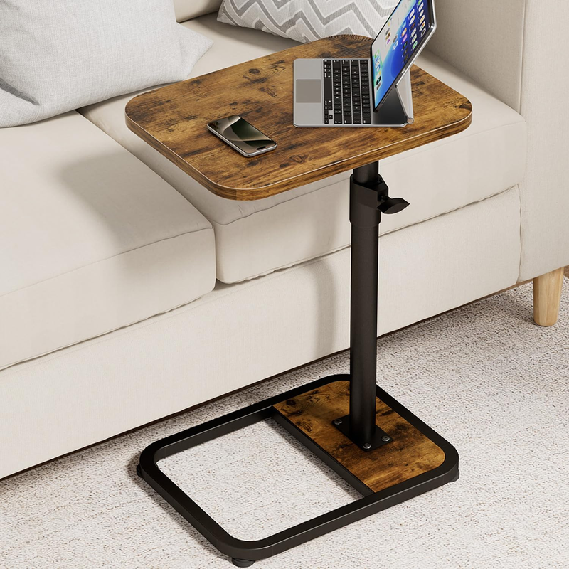 C-Shaped Swivel End Table Adjustable Side Table Rustic Brown Wood9