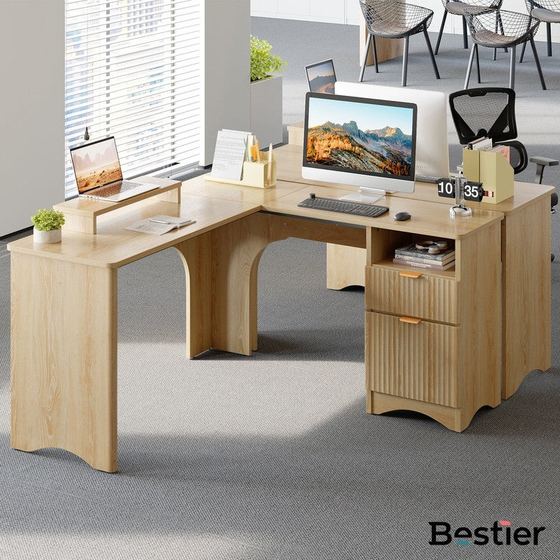 55" L-Shaped Desk with Drawers, Monitor Stand & Fluted Panels Natural Oak8