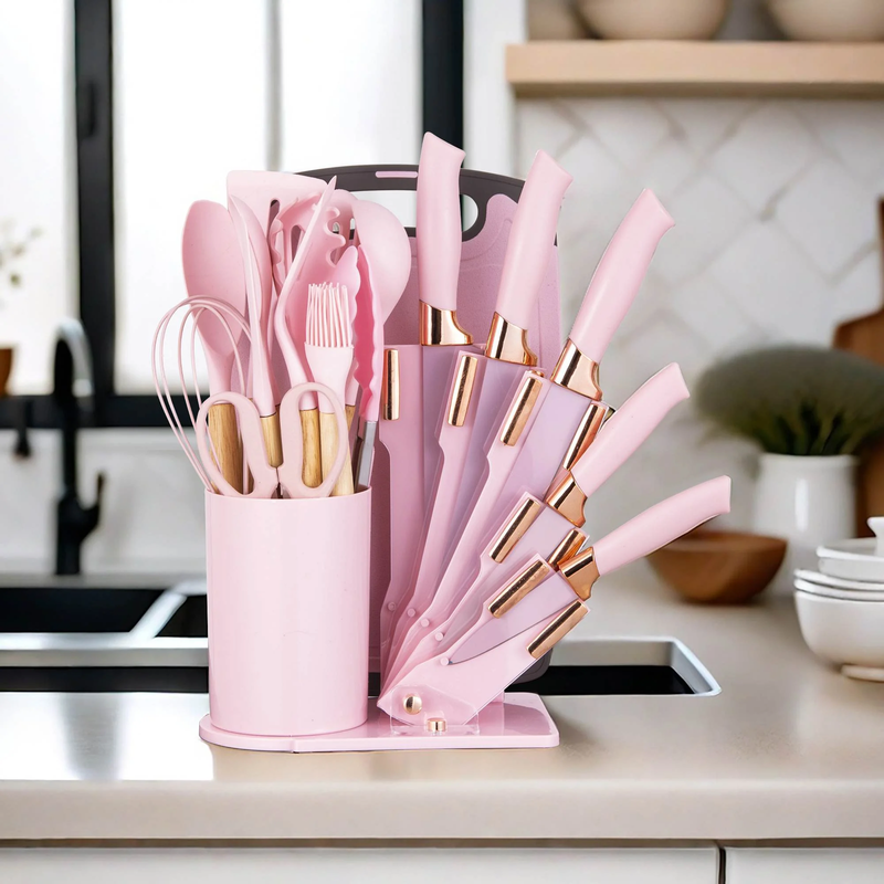 19 Piece Silicone Kitchen Utensil & Knife Set Heat Resistant Pink Gift4
