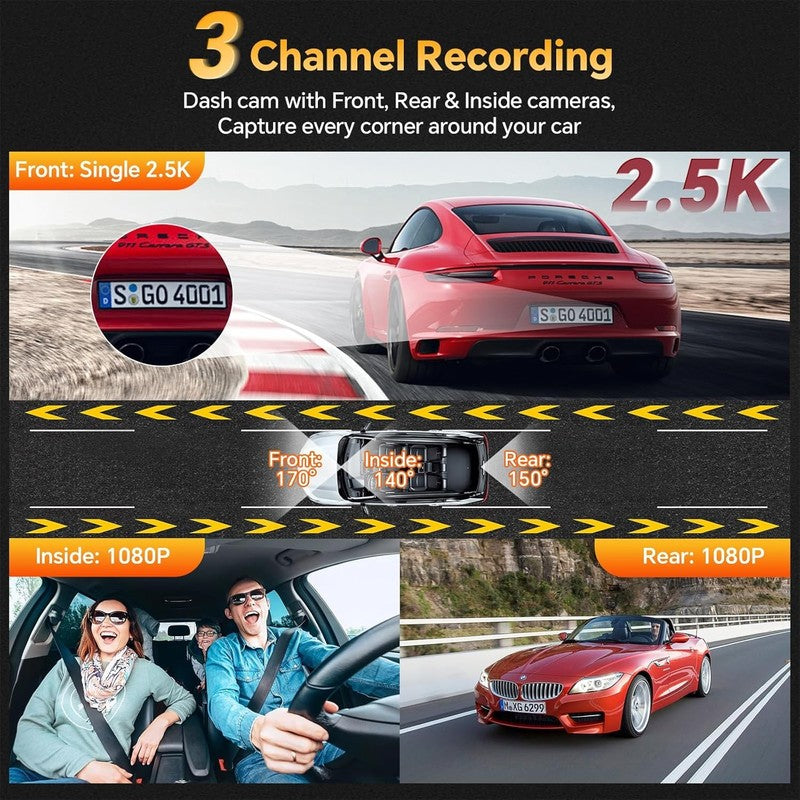 3 Channel Dash Cam Front Rear Inside 2.5K WiFi Car Camera IR Night 64GB Card5