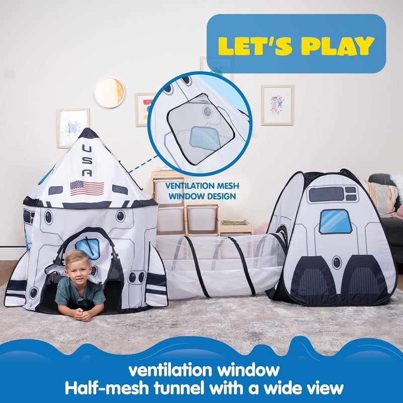 White Rocket Ship Pop up Play Tent with Tunnel and Playhouse Kids Indoor Outdoor2