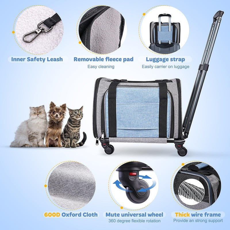 Rolling Pet Carrier with Wheels, Expandable Pet Carrier for Small Dogs Cats unde7