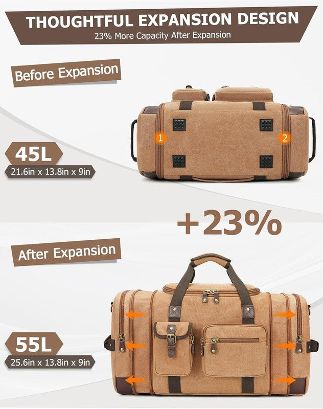 55L Canvas Duffle Bag Travel Weekender Overnight Vintage Carry On Men Women6