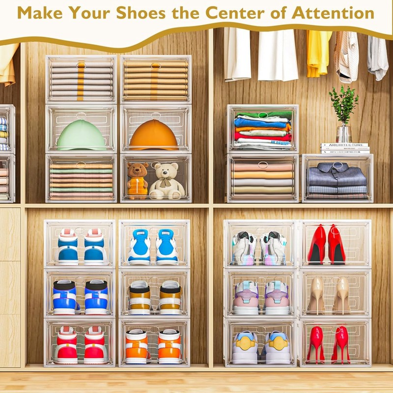 12 Pack Clear Stackable Shoe Boxes with Magnetic Door, Foldable, White6