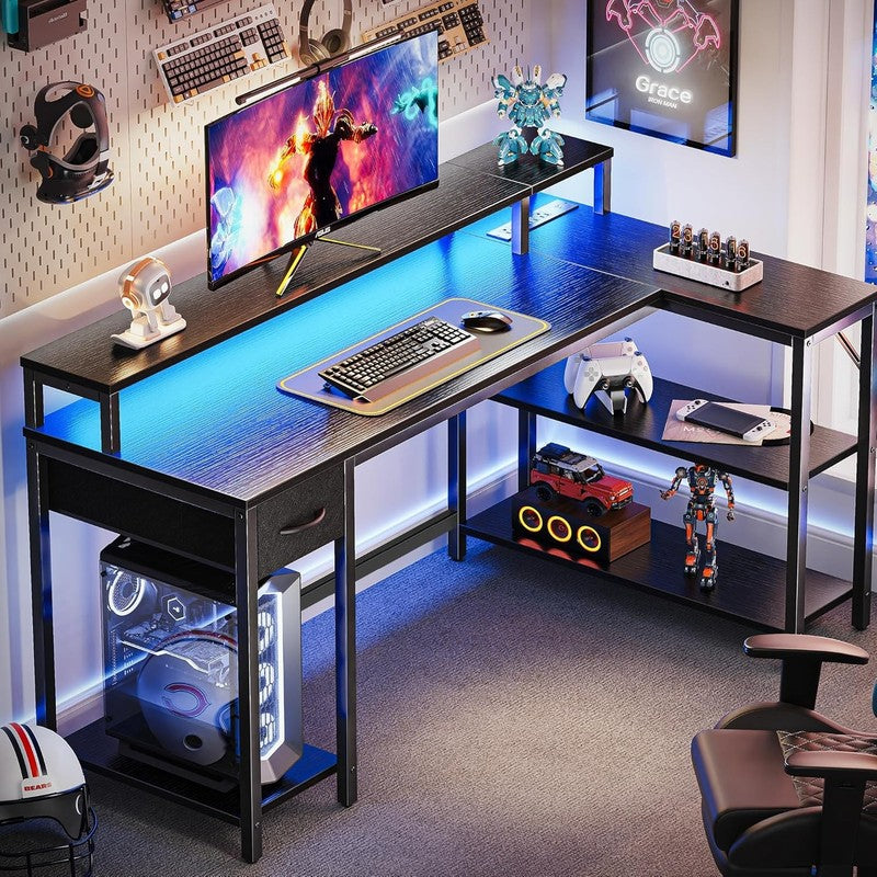 53'' L Shaped Gaming Desk LED Lights Power Outlets Reversible Black1