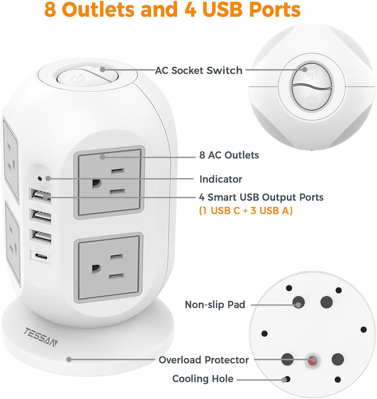 Tower Surge Protector Power Strip 10 Ft, Long Flat Extension Cord with Multiple 4