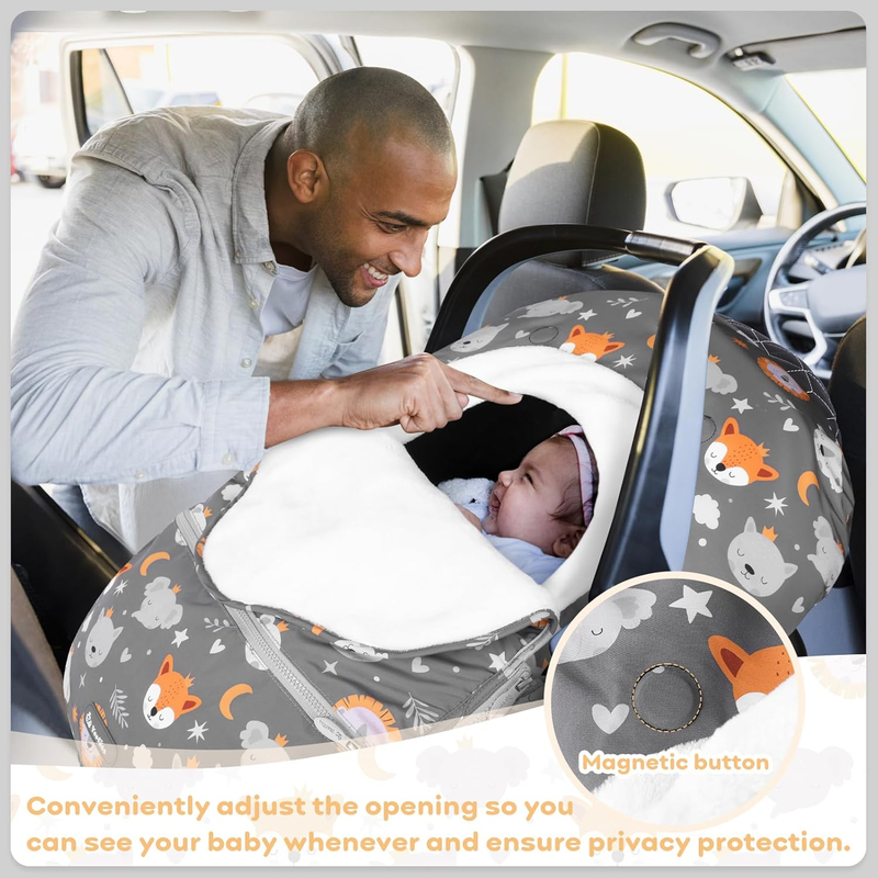 Winter Baby Car Seat Cover, Plush Fleece Canopy for Infants, Fox5