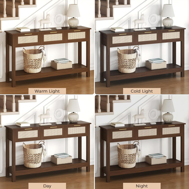 Walnut Console Table 3 Rattan Drawers Boho Entryway Storage Shelf 47" Long6