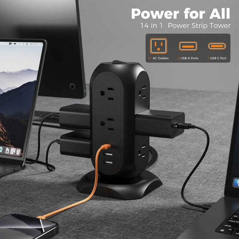 Surge Protector Power Strip Tower with 3 USB Ports 11 Outlets, 1875W/15A, Black 1