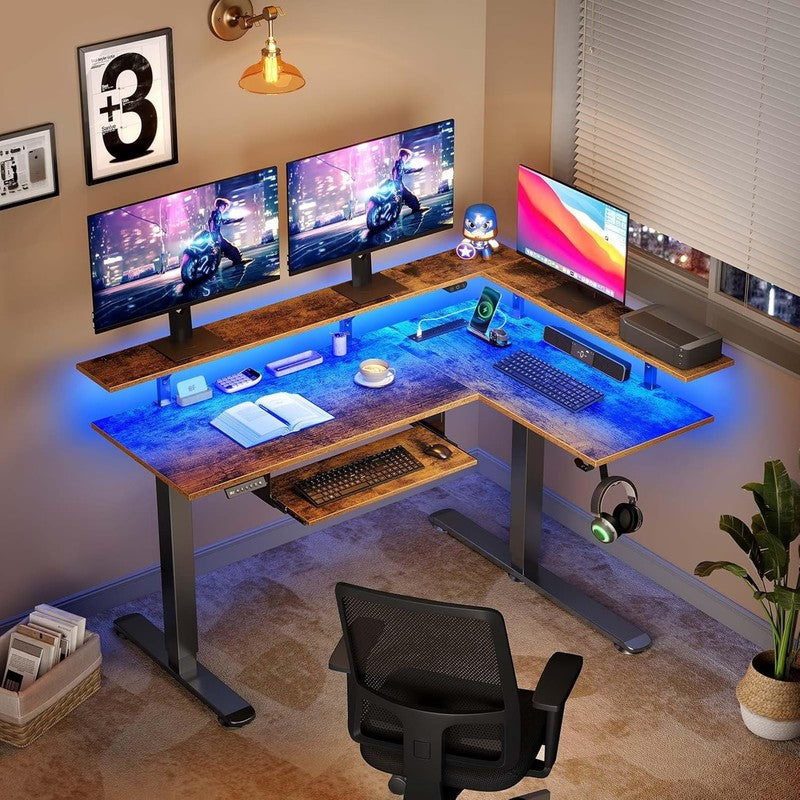 L Shaped Electric Standing Desk w/ Keyboard Tray LED Power Rustic Brown1