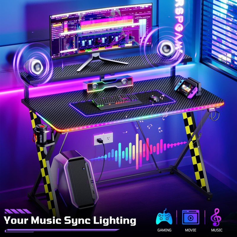 43" X-Shaped Gaming Desk Music Sync LED with Monitor Stand Yellow Racing9