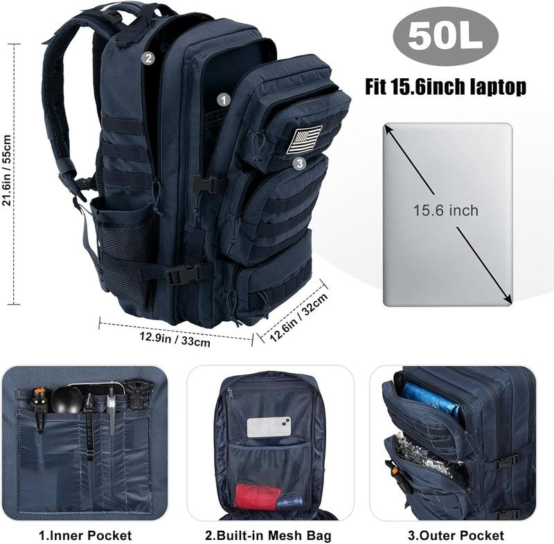 50L Military Tactical Backpack MOLLE Army Assault Bug Out Bag Water Resistant Br2