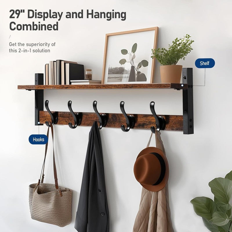 29" Coat Rack Wall Mount with Shelf, Rustic Black1