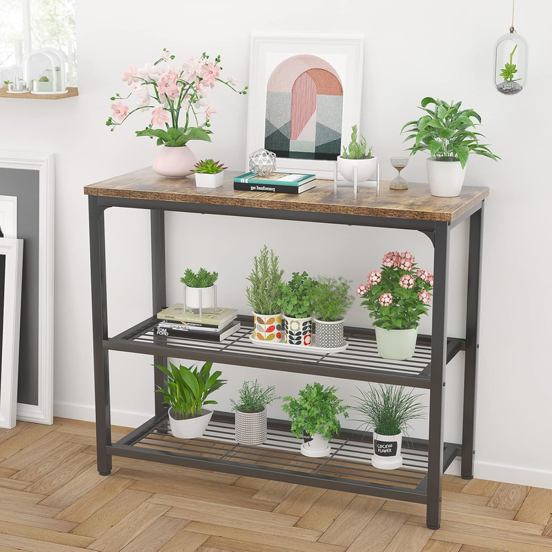 32" Ecoprsio Industrial Console Table Sofa Table Double Mesh Shelves Rustic6