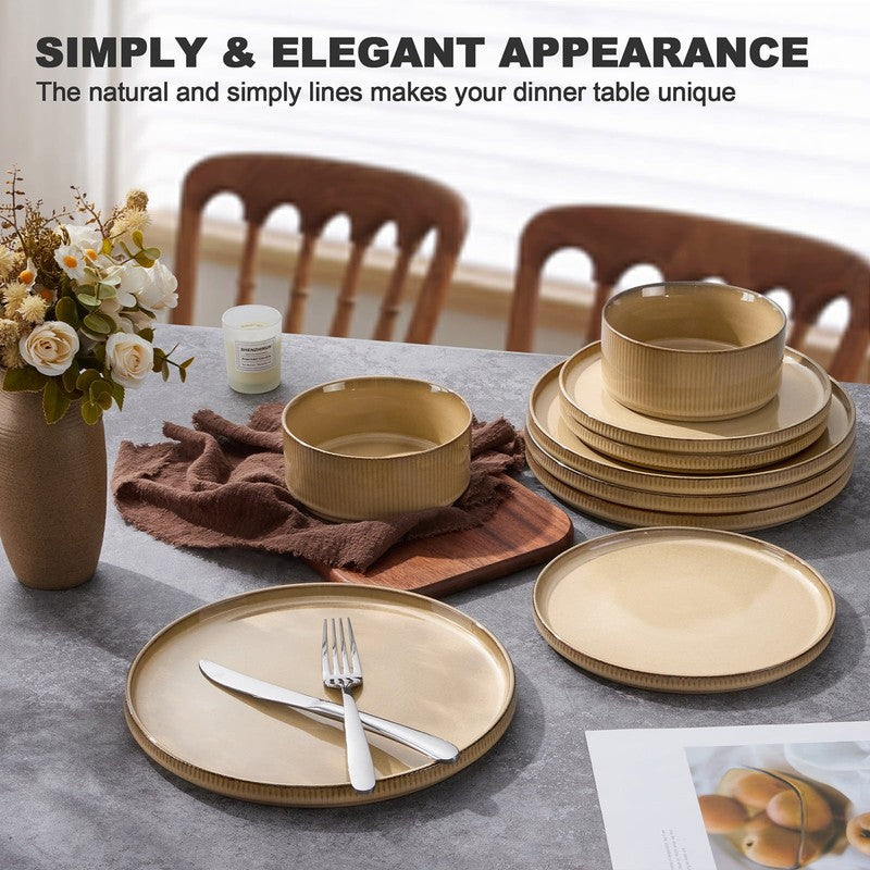 Dinnerware Set for 4, 12 Piece Stoneware Ribbed Dishes with Reactive Glaze, Cera7