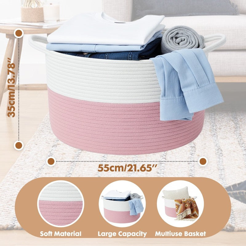 80L Collapsible Cotton Laundry Basket w/ Handles – White & Pink1