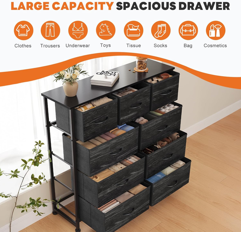 9 Drawer Fabric Dresser Storage Tower Steel Frame Wood Top Black5