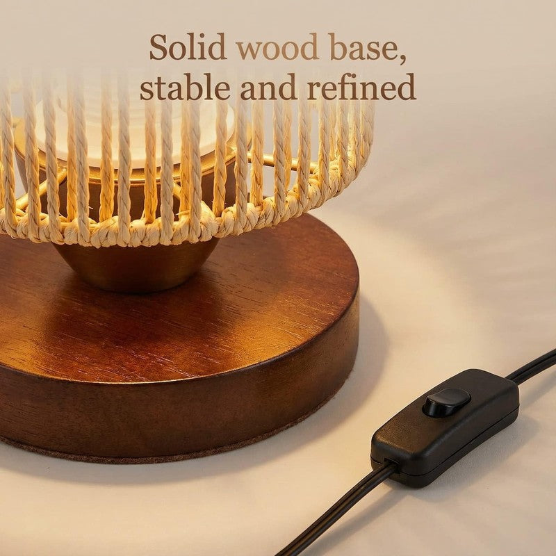 Small Rattan Table Lamp Boho Bedside Night Light Wood Base LED 8.6in2