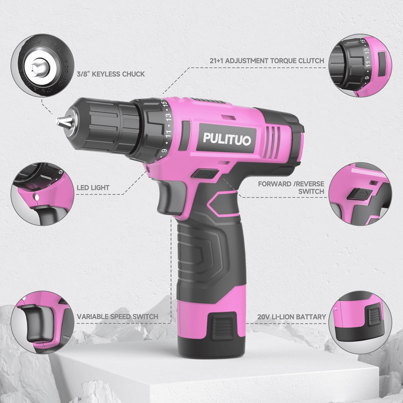 12V Cordless Drill Set 21+1 Torque LED 3/8" Keyless Chuck Battery & Charger Pink3