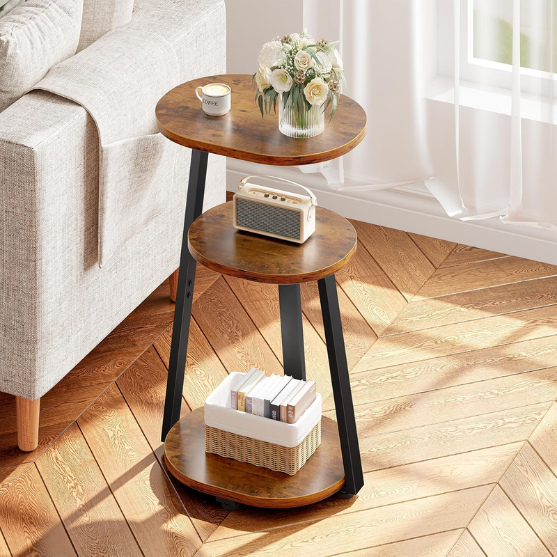 3-Tier Round Side Table Metal Frame Bedside End Table Brown10
