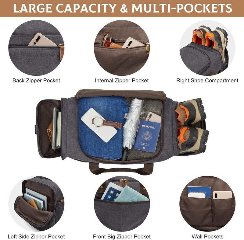 65L Expandable Canvas Duffle Bag Grey Travel Gym Weekender w/ Shoes Compartment2
