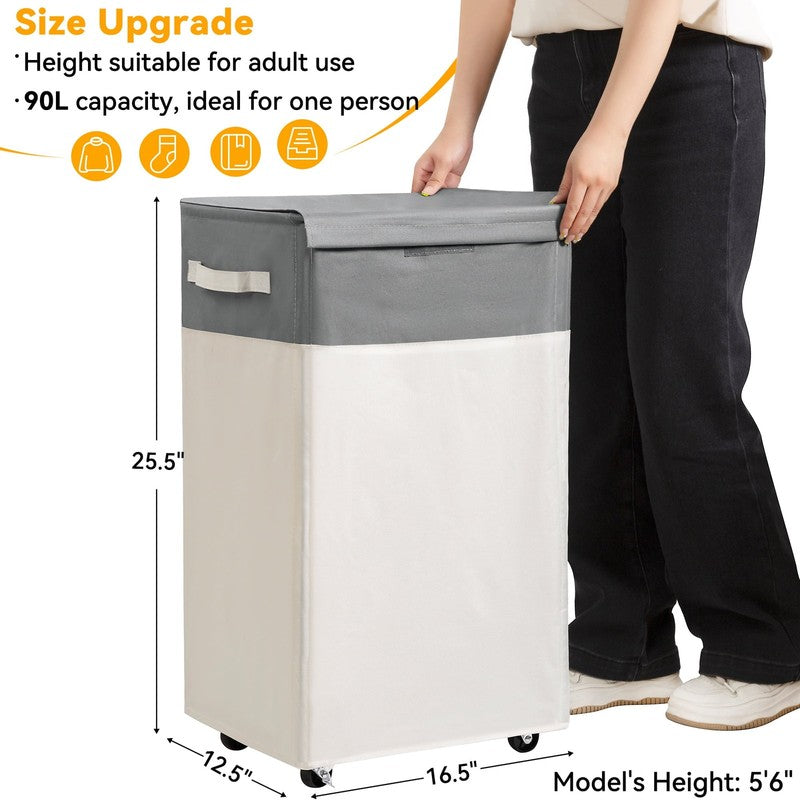 90L Rolling Laundry Hamper w/ Lid & Wheels, Collapsible Basket – Beige, 27.6"1