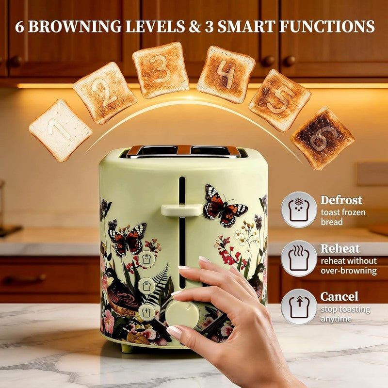 Retro 2 Slice Toaster Floral 6 Settings Wide Slots Warming Rack 750W2