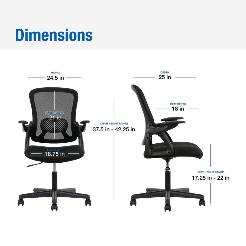 Ergonomic Mesh Back Office Chair with Flip up Arms for Adults, Black Fabric, 2754