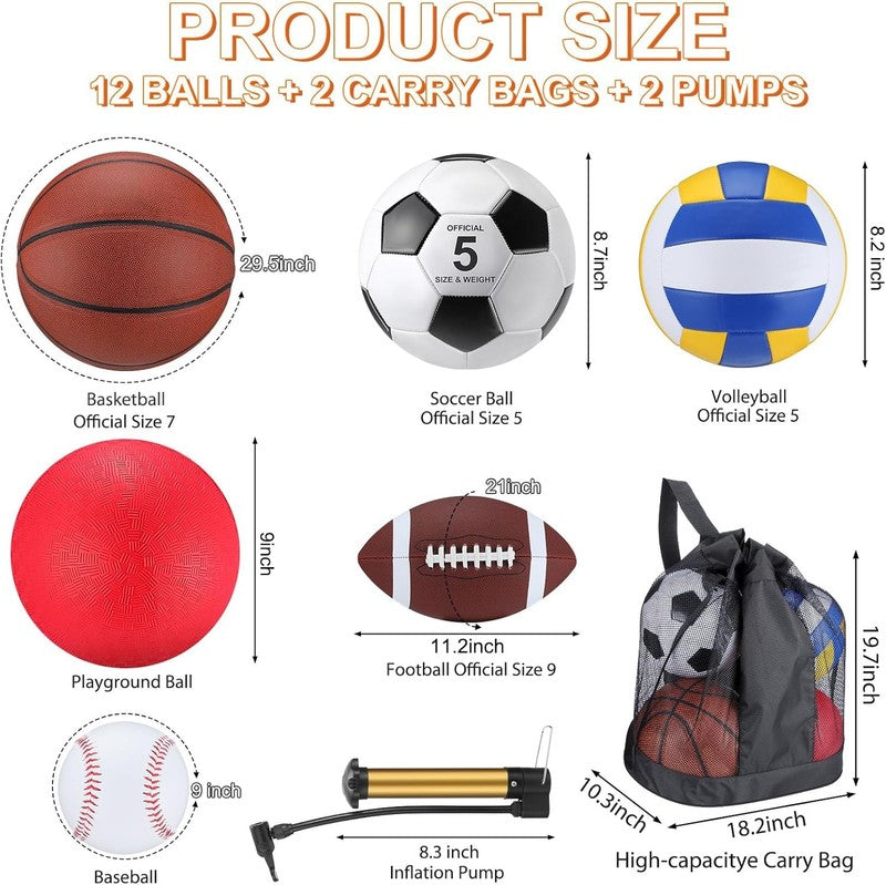 12 Pcs Assorted Sport Ball Set for Youth Adult Official Size Basketball Football1