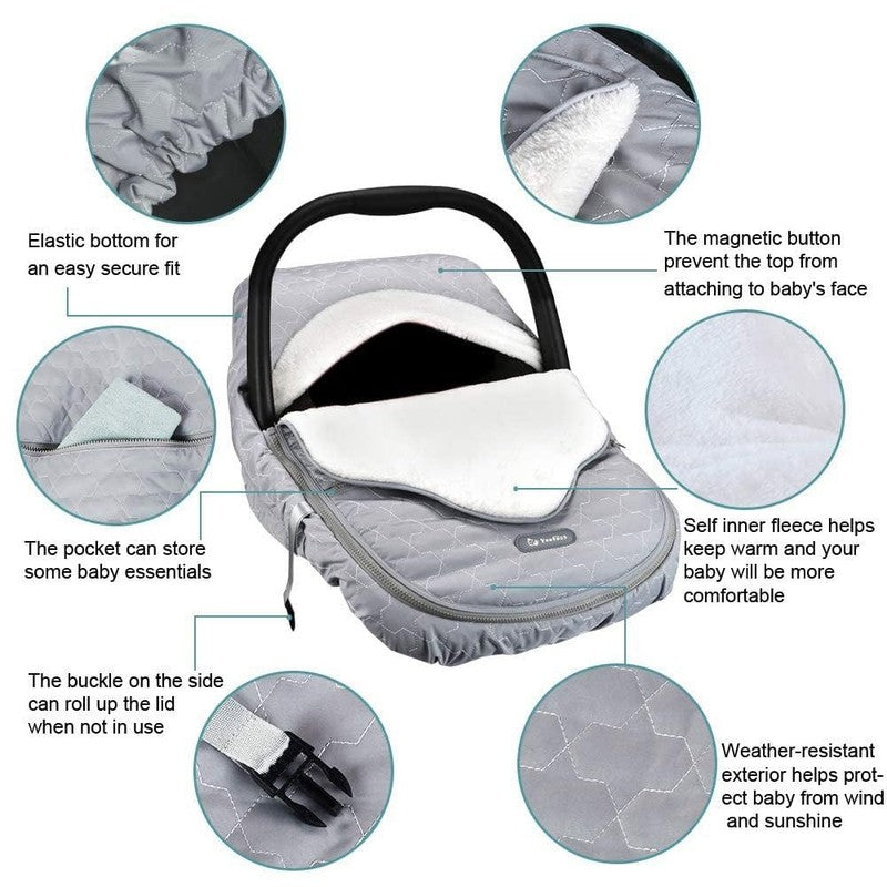 Winter Baby Car Seat Cover, Plush Fleece Canopy for Infants, Grey1