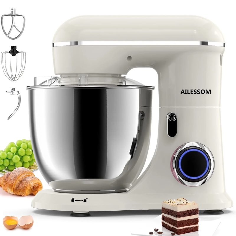 6.5 Qt Tilt Head Stand Mixer, 10 Speed, Almond Cream with Attachments NEW0
